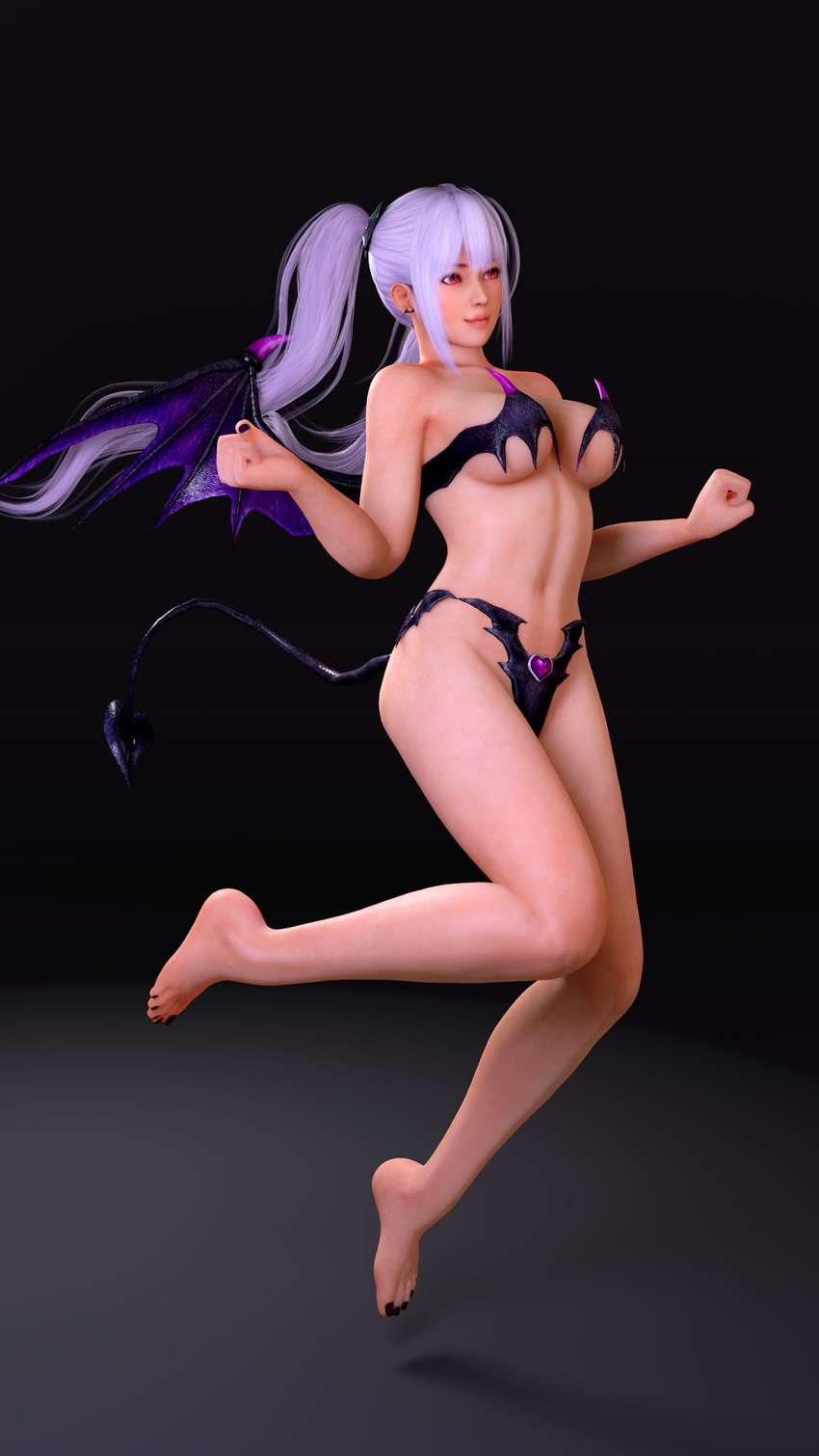 3d alternate_costume ayane ayane_(doa) breasts dead_or_alive gradient gradient_background impossible_clothes navel purple_hair red_eyes succubus twintails wallpaper wings