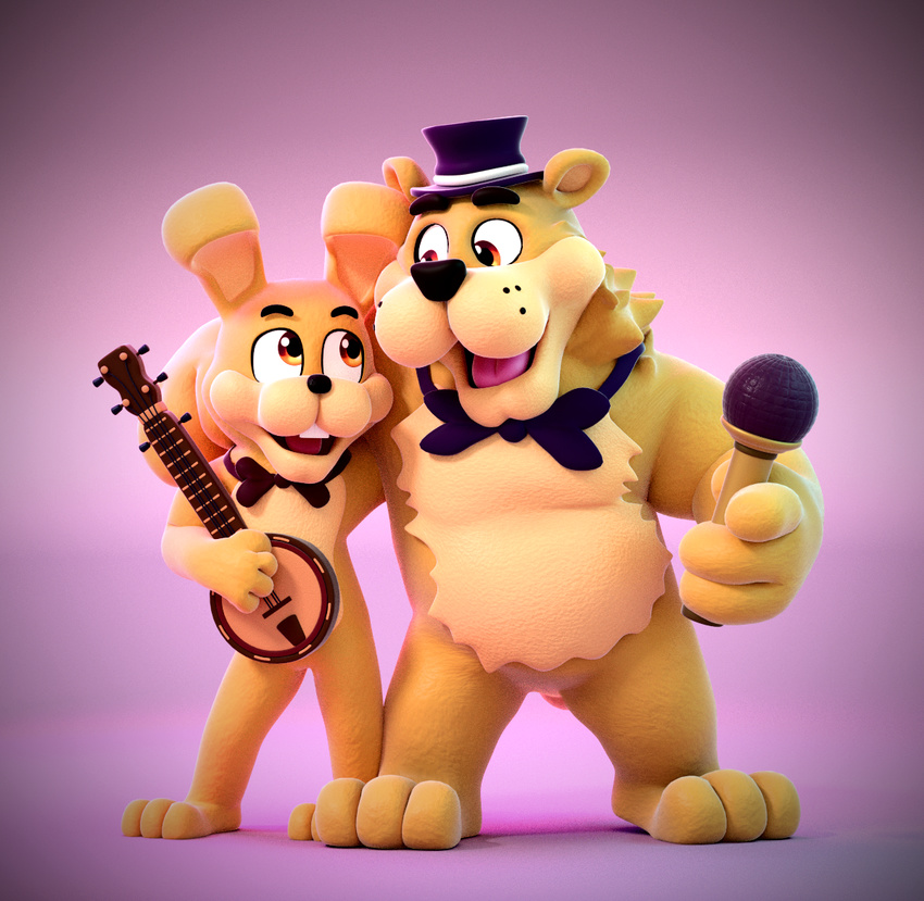 animatronic bear bongo bow_tie duo five_nights_at_freddy's fur golden_freddy_(fnaf) lagomorph machine mammal mechanical microphone open_mouth rabbit robot smashingrenders springtrap_(fnaf) video_games yellow_fur