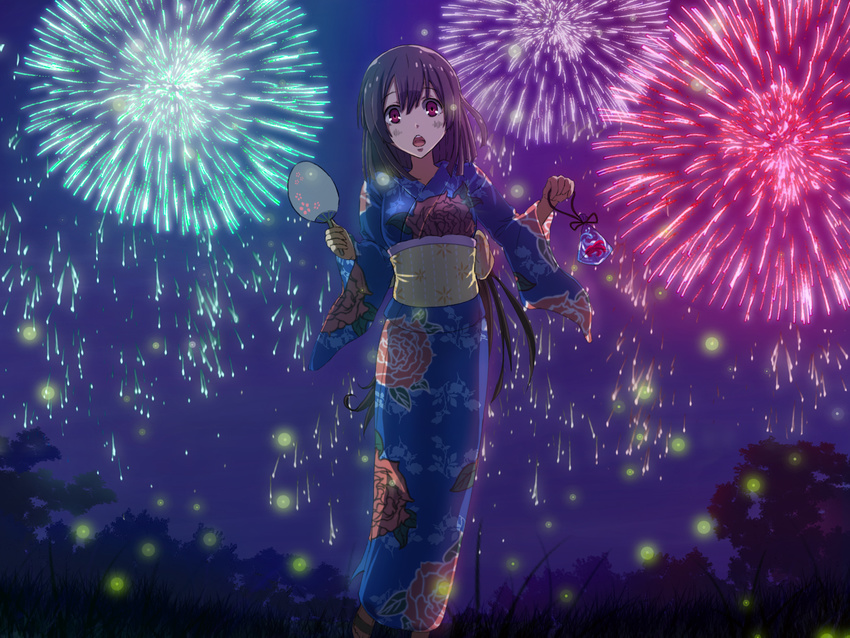 blush breasts fan fireworks fish gradient gradient_background itsuwa_itsuwa japanese_clothes kimono long_hair night open_mouth pink_eyes purple_hair sandals tokyo_ravens tsuchimikado_natsume