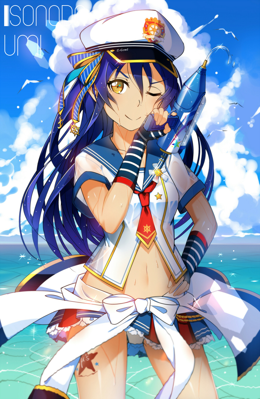 &gt;:) ;) blue_hair closed_mouth dress hat highres long_hair looking_at_viewer love_live! love_live!_school_idol_project lu" navel one_eye_closed peaked_cap sailor_dress smile solo sonoda_umi v-shaped_eyebrows water_gun wet wet_clothes yellow_eyes