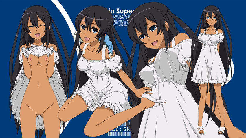 bare_shoulders black_hair blue_eyes blush captain_earth collarbones dark_skin dress dress_lift long_hair mutou_hana no_bra no_panties open_mouth simple_background smile sukima_sangyou tan twintails white_dress