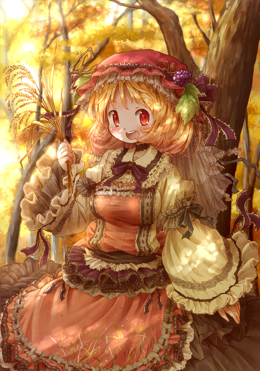 aki_minoriko apron arinu autumn blonde_hair dappled_sunlight embellished_costume food forest frilled_apron frilled_shirt frilled_skirt frilled_sleeves frills fruit grapes highres long_sleeves looking_at_viewer nature open_mouth red_eyes rice_ear shirt skirt smile solo sunlight touhou tree wide_sleeves