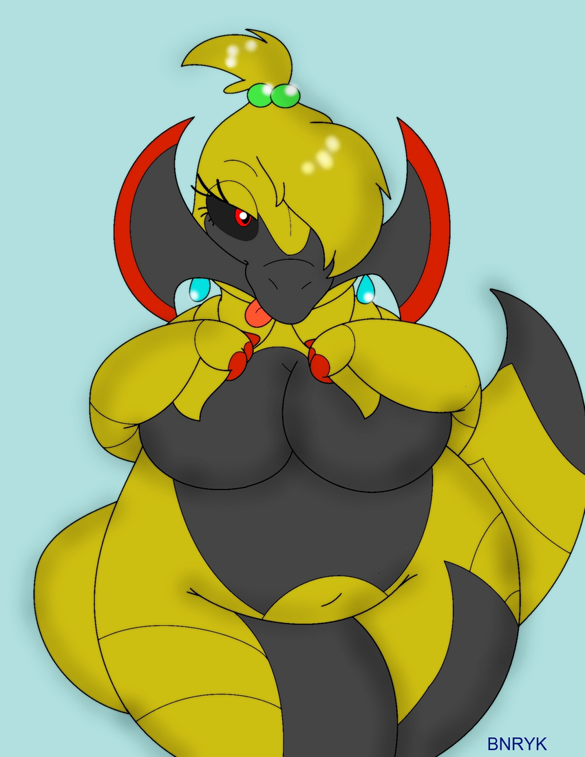 2012 anthro blue_background breasts bunearyk chubby dragon ear_piercing female half-closed_eyes haxorus looking_at_viewer nintendo piercing plain_background pok&eacute;mon red_eyes scalie smile solo striptease tongue tongue_out video_games