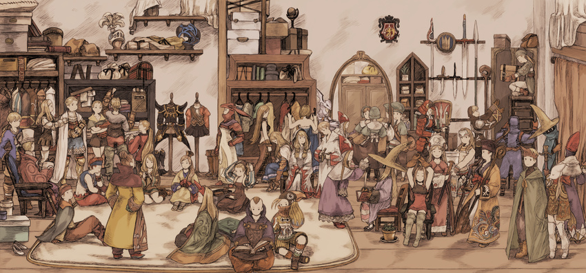 archer_(fft) arithmetician_(fft) armor bag black_mage black_mage_(fft) blonde_hair book boots box brown_hair cabinet cape chair chemist_(fft) chinese_clothes clothes_rack dagger dancer_(fft) dragoon_(fft) dress final_fantasy final_fantasy_tactics geomancer_(fft) globe hat helmet highres horn indoors japanese_armor kabuto knight_(fft) ladder maekakekamen mime_(fft) mirror monk_(fft) multiple_boys mystic_(fft) ninja_(fft) orator_(fft) plant ponytail potted_plant ramza_beoulve reading reflection robe rug samurai_(fft) satchel shelf shield sitting smile squire_(fft) staff summoner_(fft) sword thief_(fft) thigh_boots thighhighs time_mage time_mage_(fft) treasure_chest weapon white_mage white_mage_(fft) witch_hat wooden_floor