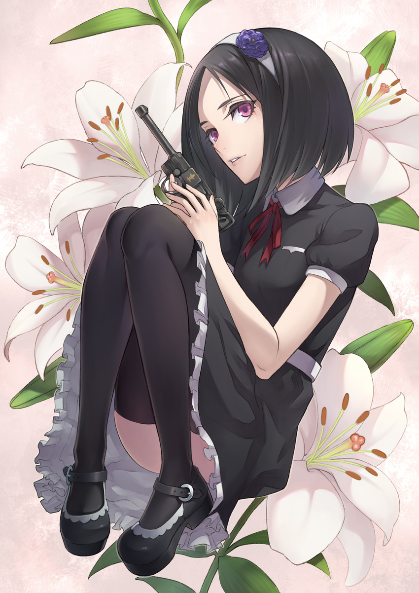 black_dress black_hair black_legwear churayuki dress flower gun hairband handgun highres holding holding_gun holding_weapon lily_(flower) luger_p08 mary_janes original parted_lips pistol purple_eyes shoes solo thighhighs weapon