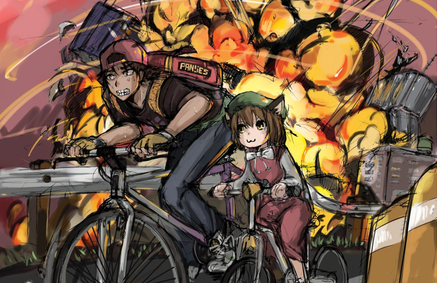 1girl :3 animal_ears backpack backwards_hat bag baseball_cap bicycle bike_horn bkub_(style) brown_hair cat_ears chen crossover explosion fingerless_gloves gloves golden_boy ground_vehicle hat honk_honk mob_cap ooe_kintarou panties_(pantsu-pirate) riding touhou