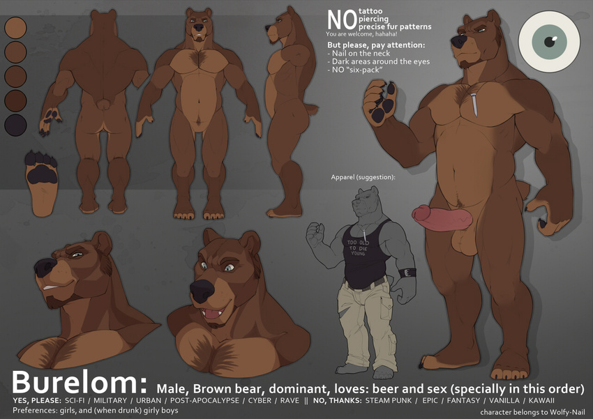 2014 animal_genitalia anthro balls bear burelom_(wolfy-nail) butt claws clothed clothing erection facial_hair fur grin hair looking_at_viewer male mammal model_sheet muscles nude open_mouth paws penis shirt smile solo standing text tongue wolfy-nail