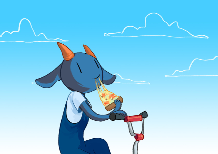 bicycle blue_fur caprine clothed clothing cloud eating female food fur goat horn mammal nan_(nq) nan_quest outside overalls papplemelon pizza riding solo