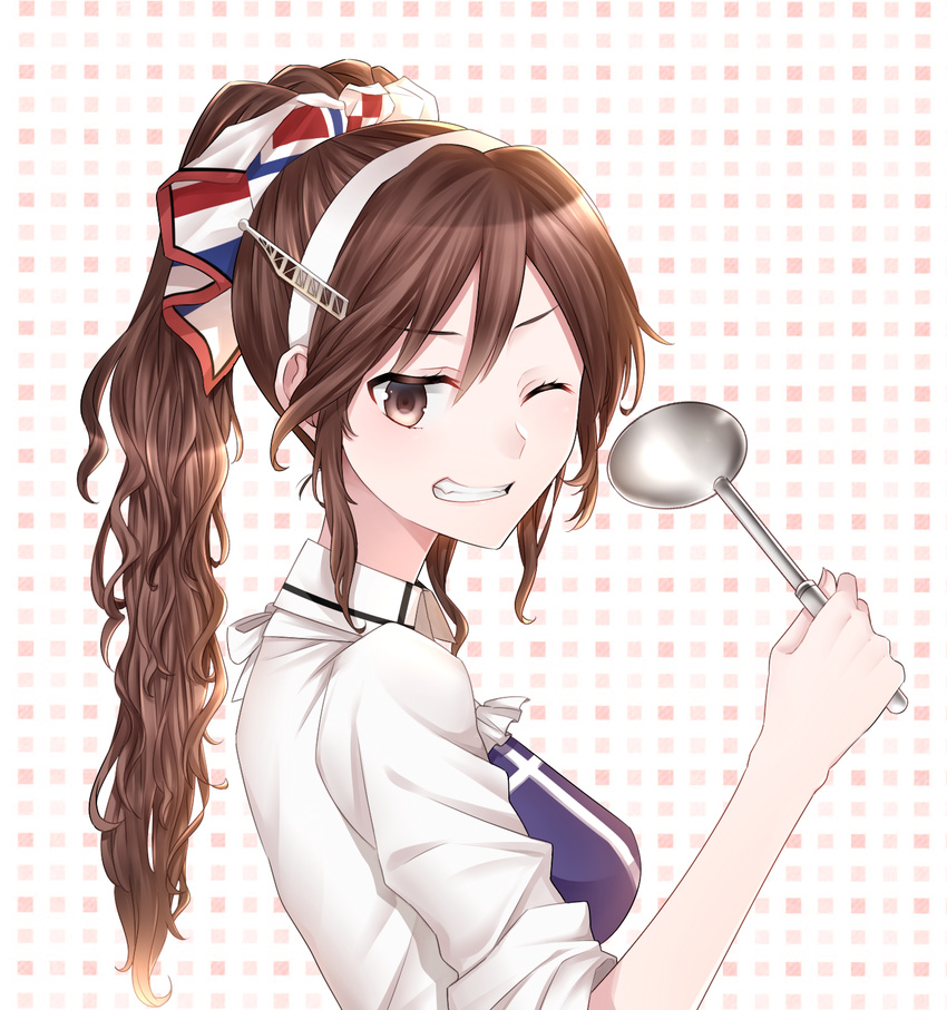 alternate_hairstyle apron ashigara_(kantai_collection) brown_eyes brown_hair fang grin hair_ornament hairband high_ponytail highres kantai_collection ladle looking_at_viewer one_eye_closed ponytail shirt sleeves_pushed_up smile solo upper_body wavy_hair white_shirt yonuko