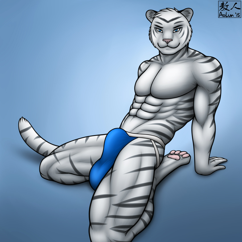 2015 4_toes abs anthro aolun biceps blue_eyes bulge clothed clothing digitigrade feline fur half-dressed jockstrap looking_at_viewer male mammal markings muscles pawpads paws pecs solo spread_legs spreading stripes tiger toes toned topless underwear white_fur white_tiger
