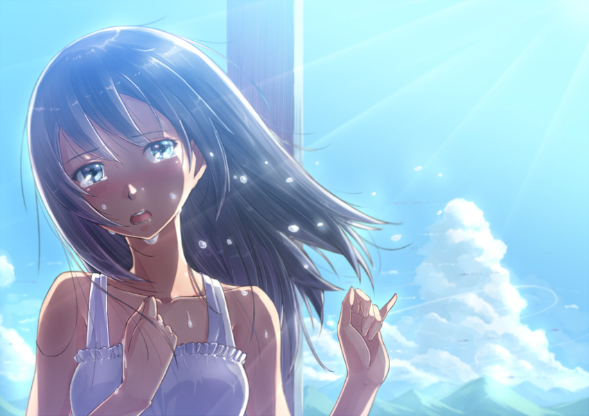 aqua_eyes bare_shoulders black_hair blush close-up commentary dress face kazeno long_hair open_mouth shinohara_natsuki solo summer_wars tears upper_body white_dress