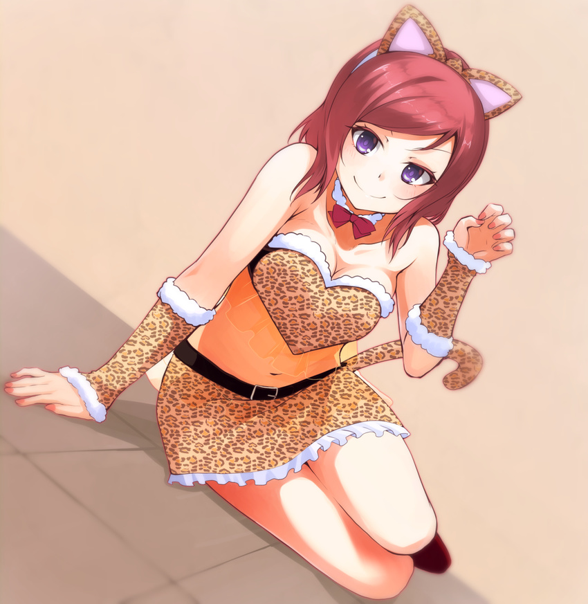 animal_ears animal_print highres leopard_print looking_at_viewer love_live! love_live!_school_idol_project nanotsuki nishikino_maki purple_eyes red_hair short_hair smile solo tail