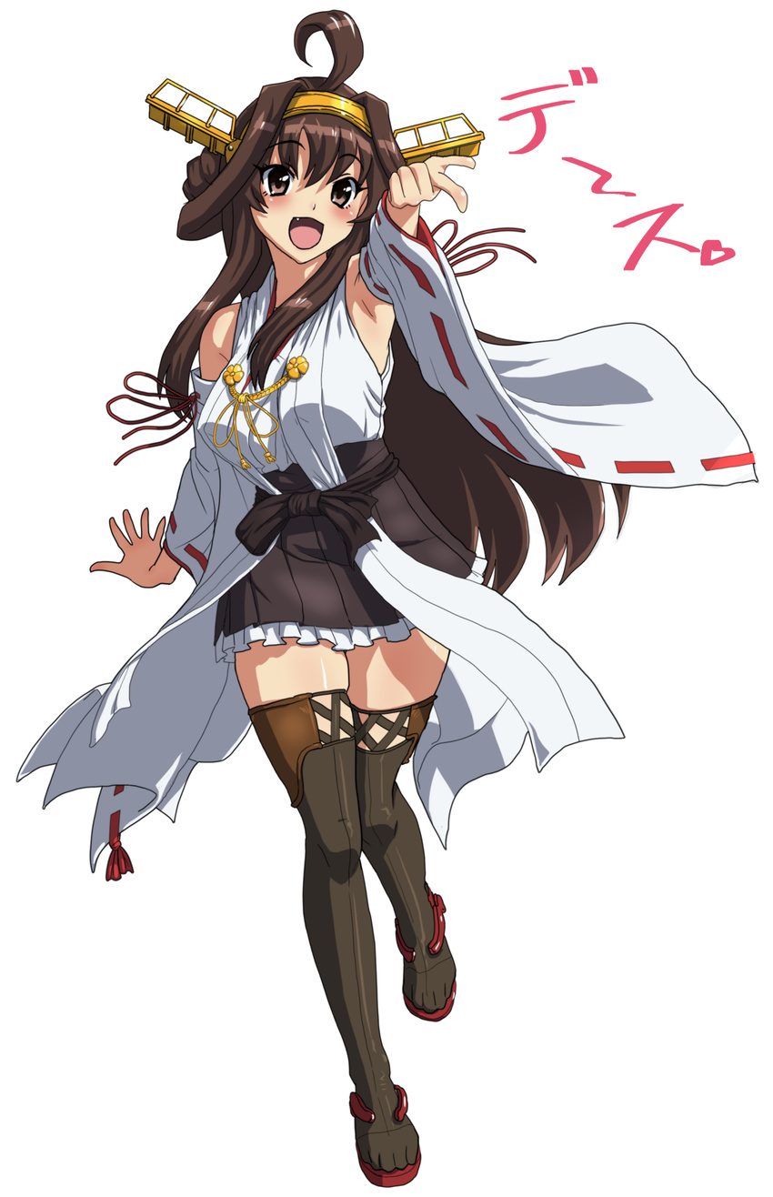 :d ahoge blush brown_hair brown_legwear detached_sleeves double_bun fang headgear highres kantai_collection kezune_(i-_-i) kongou_(kantai_collection) long_hair nontraditional_miko open_mouth pointing simple_background skirt smile solo thighhighs very_long_hair white_background