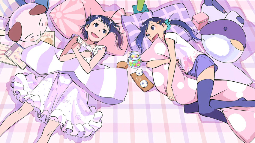 blue_eyes blue_hair blush candy daifuku end_card food gradient_hair hair_ornament hairband hairpin highres jar konpeitou lying magazine multicolored_hair multiple_girls nisekoi non-web_source official_art onodera_haru onodera_kosaki open_mouth pajamas pillow pillow_hug ponytail purimari screencap shirt shorts siblings sisters smile stuffed_animal stuffed_bird stuffed_panda stuffed_toy t-shirt teddy_bear thighhighs