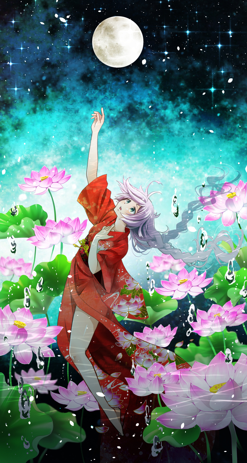 alternate_costume aqua_eyes arm_up barefoot blue_background braid floral_print flower full_moon gradient gradient_background hand_on_own_chest highres japanese_clothes kimono lavender_hair leaning_back long_hair looking_up lotus moon obi open_mouth orihara_sachiko petals rana_(vocaloid) reaching sash solo star_(sky) twin_braids very_long_hair vocaloid water_drop