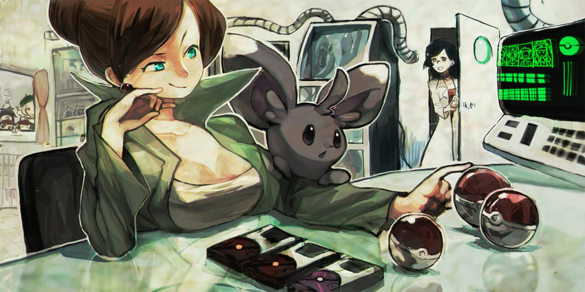 3girls araragi_(pokemon) baseball_cap bel_(pokemon) breast_rest breasts cleavage curtains earrings gen_5_pokemon green_eyes hair_bun hat highres jewelry kojijima labcoat large_breasts long_hair makomo_(pokemon) minccino multiple_boys multiple_girls necklace peeking poke_ball pokedex pokemon pokemon_(creature) pokemon_(game) pokemon_bw popped_collar smile touko_(pokemon) touya_(pokemon) window