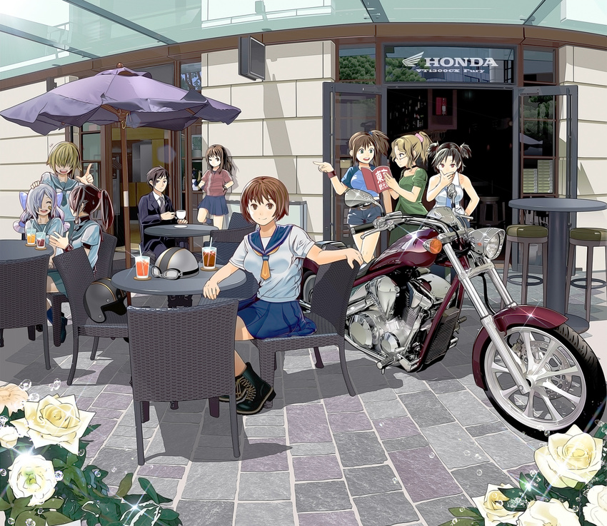 6+girls against_wall bad_id bad_pixiv_id boots brown_eyes brown_hair drink drinking_straw flower goggles ground_vehicle hair_over_eyes helmet highres honda kikukawa_norihiko motor_vehicle motorcycle multiple_girls original ponytail product_placement rose school_uniform serafuku short_hair sitting umbrella white_flower white_rose