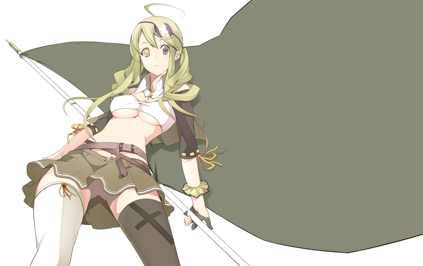 ahoge bad_id bad_pixiv_id belt blonde_hair breasts capelet eyepatch flag grey_eyes heterochromia highres long_hair medium_breasts midriff mismatched_legwear nanao_(mahaya) no_panties no_pussy original skirt solo thighhighs underboob upskirt yellow_eyes