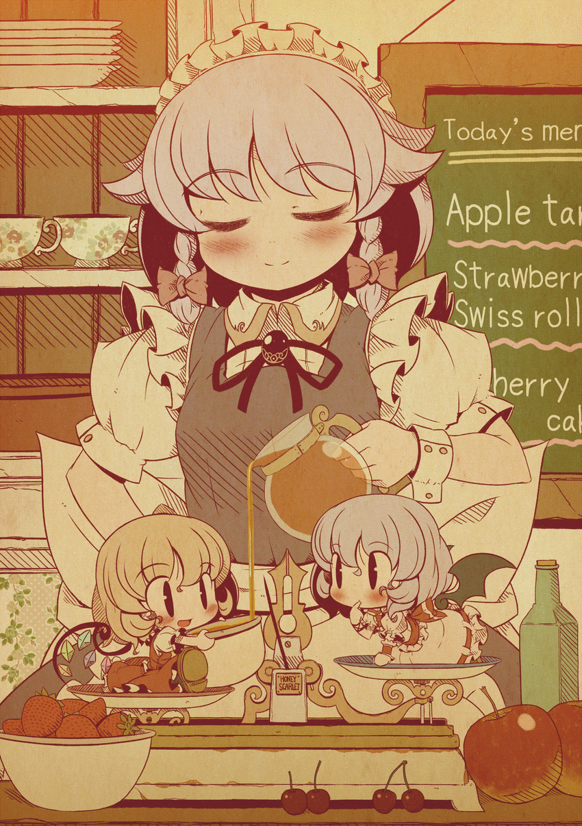 apple balance_scale bat_wings blush bowl cherry chibi english flandre_scarlet food fruit highres holding honey izayoi_sakuya minigirl multiple_girls pac-man_eyes remilia_scarlet smile strawberry takahero touhou weighing_scale wings