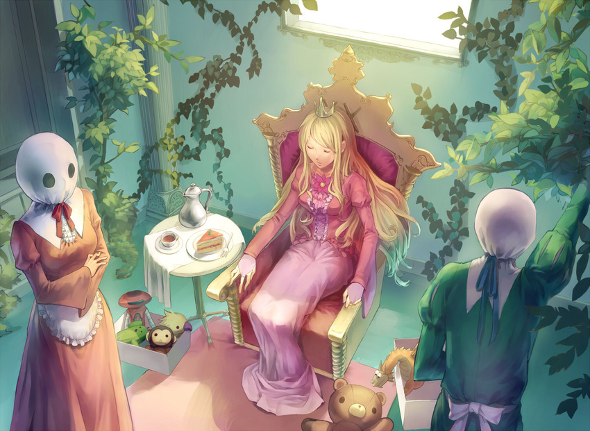 2girls aruk cake closed_eyes crown dragon dress e.v.e. flower food indoors long_dress long_hair maid mask mother_(game) mother_1 multiple_girls plant queen_mary sabotender stuffed_animal stuffed_toy tea teddy_bear throne very_long_hair vines