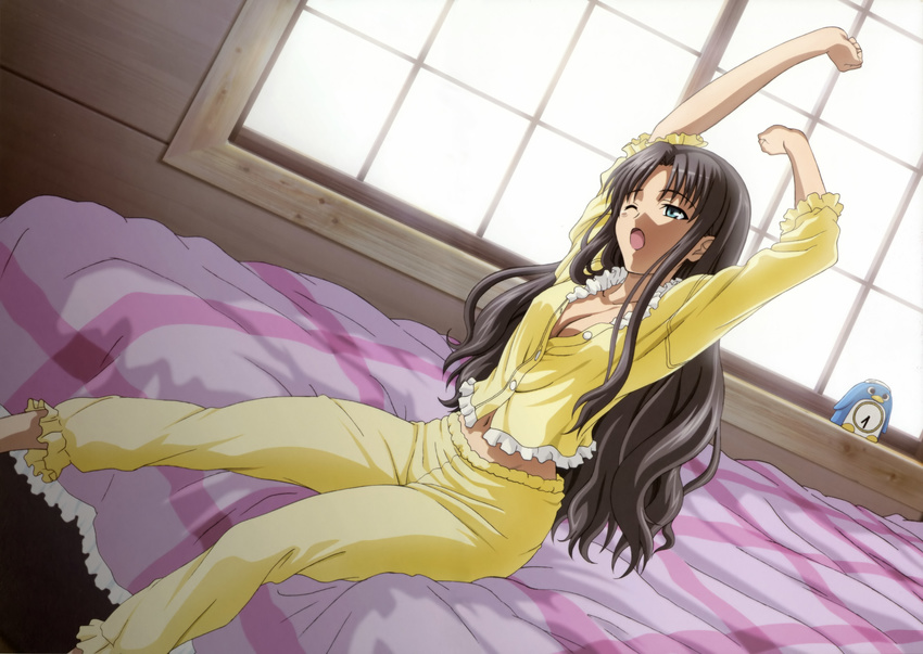absurdres alternate_hairstyle bed bird black_hair breasts cleavage clock fate/stay_night fate_(series) feet_out_of_frame frills hair_down highres long_hair long_legs medium_breasts midriff navel on_bed one_eye_closed open_mouth pajamas penguin sitting sleepy solo stretch tears toosaka_rin ueda_makoto unbuttoned window yawning