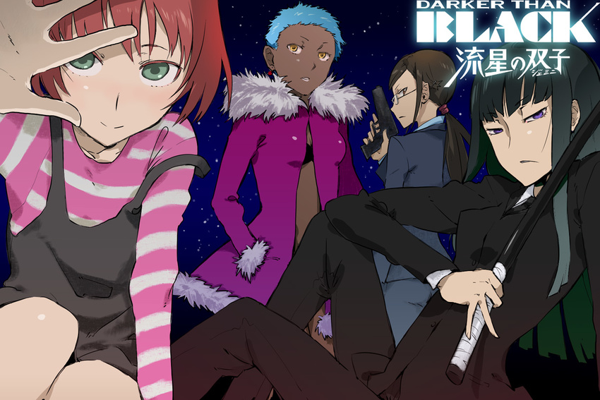 april_(darker_than_black) bad_id bad_pixiv_id blue_eyes blue_hair breasts brown_hair cleavage coat dark_skin darker_than_black formal fourth_wall from_behind fur_coat glasses green_eyes green_hair gun hand_in_pocket handgun hazuki_mina_(darker_than_black) ikone kirihara_misaki long_hair looking_back medium_breasts multiple_girls necktie night night_sky pistol ponytail profile red_hair short_hair sitting sky smile strap_slip striped suit suou_pavlichenko sword weapon yellow_eyes