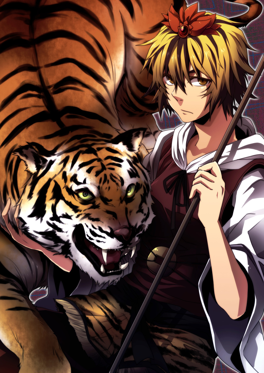 absurdres blonde_hair hair_ornament highres polearm rex_k shawl short_hair solo tiger toramaru_shou touhou weapon yellow_eyes