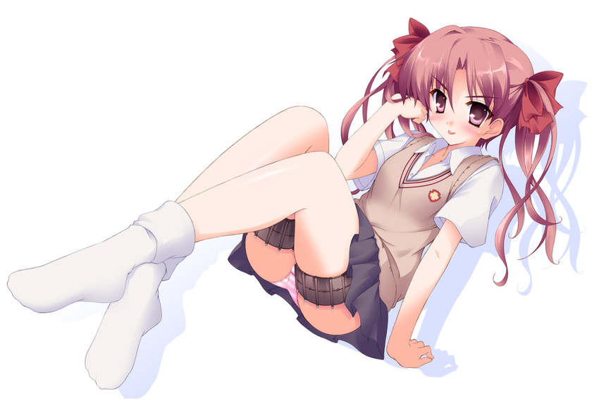 :p arm_support bow brown_hair hair_bow hayakawa_harui legs no_shoes panties school_uniform shirai_kuroko socks solo striped striped_panties thigh_strap to_aru_kagaku_no_railgun to_aru_majutsu_no_index tongue tongue_out underwear upskirt