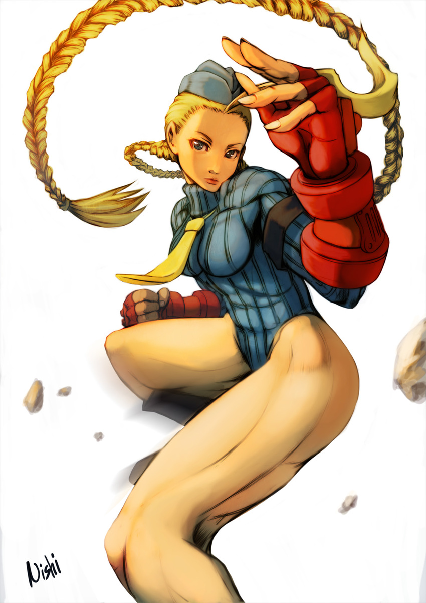 2c ahoge blonde_hair blue_eyes blue_leotard braid cammy_white fingerless_gloves garrison_cap gloves hat highres huge_ahoge leotard long_hair perspective solo street_fighter street_fighter_zero_(series) thighs twin_braids very_long_hair