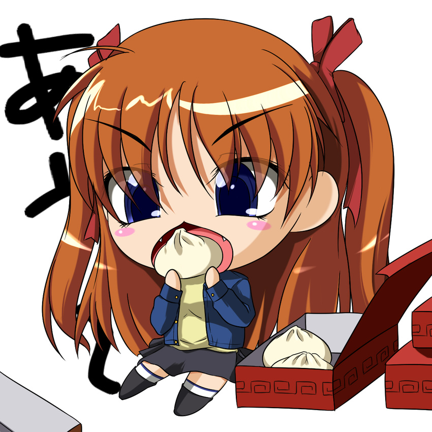 bad_id bad_pixiv_id baozi blue_eyes box brown_hair chibi eating fangs food highres ichirou kanon long_hair sawatari_makoto solo twintails