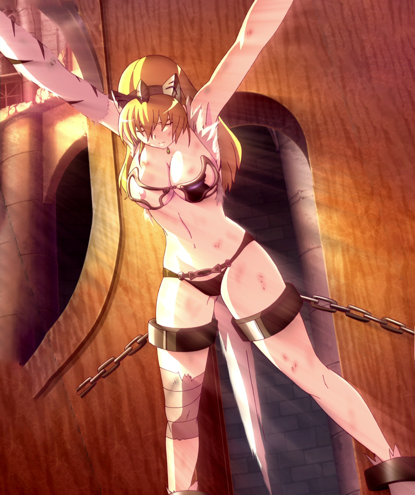 1girl black_panties blonde_hair bruise elina eyes_closed highres injury long_hair necklace nipples panties queen's_blade queen's_blade restrained solo stitched underwear