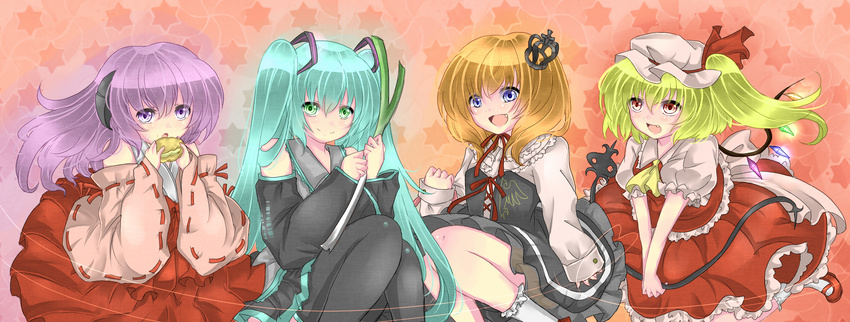 blonde_hair blue_eyes blue_hair crown eating fang flandre_scarlet frilled_skirt frills green_eyes hakama hanyuu hatsune_miku highres higurashi_no_naku_koro_ni horns japanese_clothes koto_inari laevatein long_hair miko mini_crown multiple_girls purple_eyes purple_hair red_hakama ribbon-trimmed_sleeves ribbon_trim shirt short_hair skirt touhou twintails umineko_no_naku_koro_ni ushiromiya_maria vocaloid wings