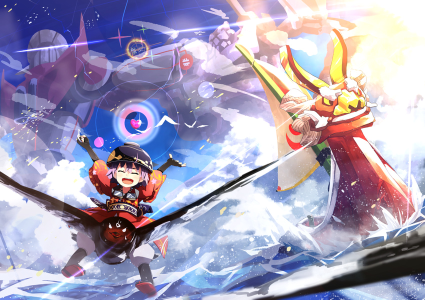 amakoke bird boat bowl closed_eyes dragon hat heart hisou_tensoku japanese_clothes kimono mecha minigirl obi open_mouth purple_hair sail sash short_hair smile sukuna_shinmyoumaru the_king_of_red_lions the_legend_of_zelda the_legend_of_zelda:_the_wind_waker touhou watercraft