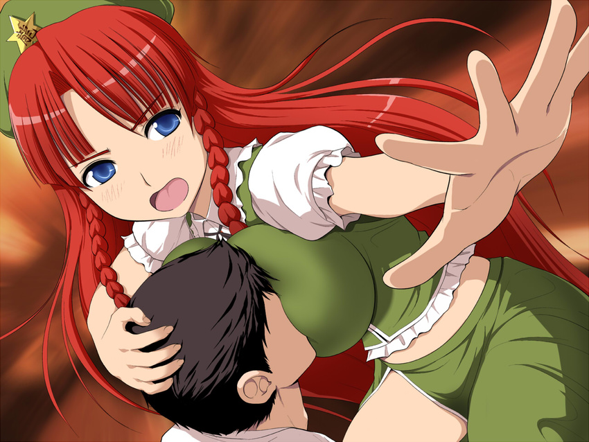 1girl beret blue_eyes blush braid breast_smother breasts chinese_clothes diisuke hat hetero hong_meiling impossible_clothes large_breasts open_mouth short_sleeves thighs touhou twin_braids