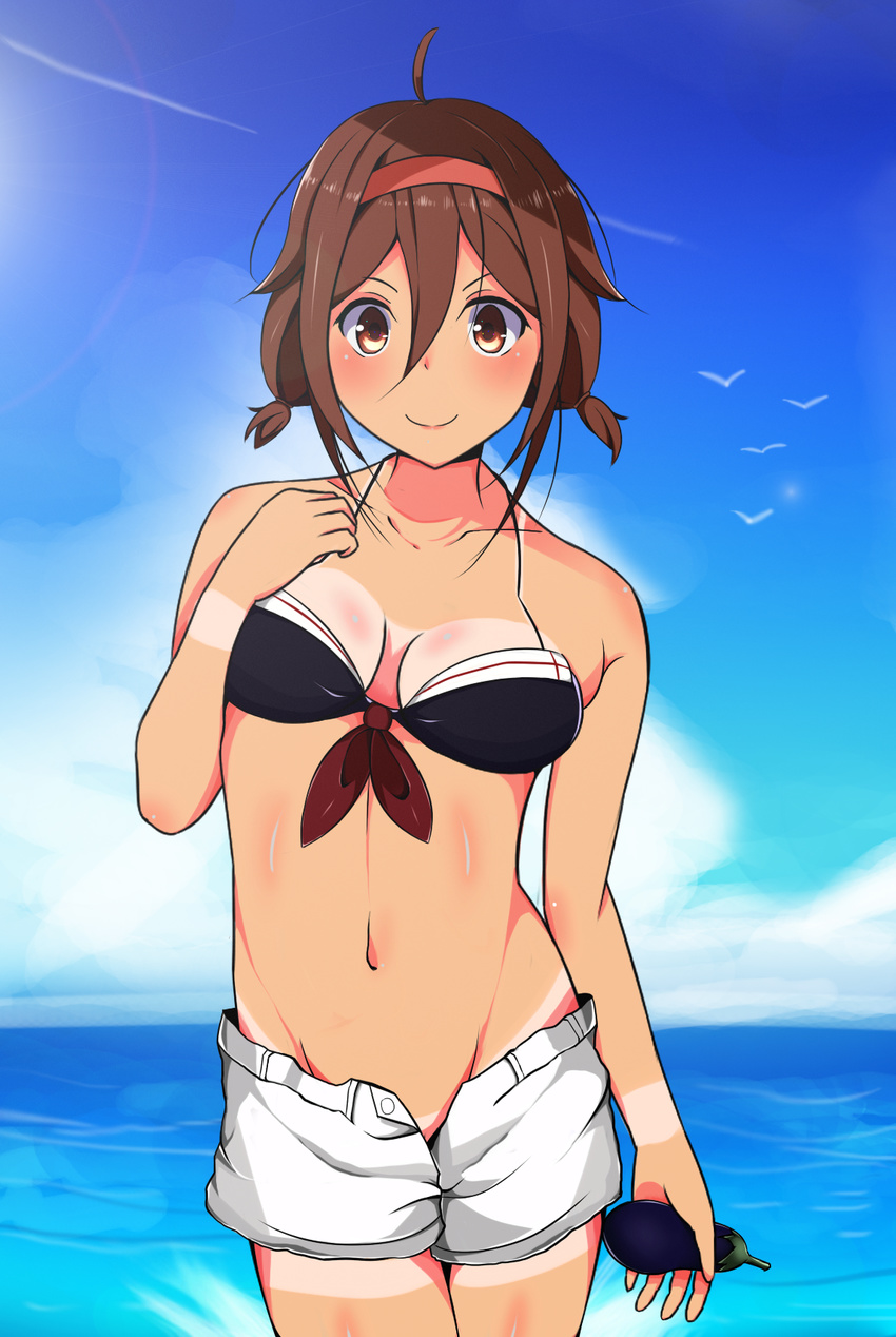 ahoge bikini blush breasts brown_eyes brown_hair hair_ornament hairband highres kantai_collection looking_at_viewer medium_breasts open_mouth red_hairband shiratsuyu_(kantai_collection) short_hair smile solo swimsuit zeroyama