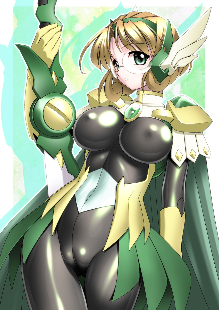 1girl armor blonde_hair breasts cameltoe cape female glasses gloves green_eyes highres hououji_fuu large_breasts legs looking_at_viewer magic_knight_rayearth sakura_ryuuken serious short_hair shoulder_pads simple_background skin_tight solo standing sword thighs weapon