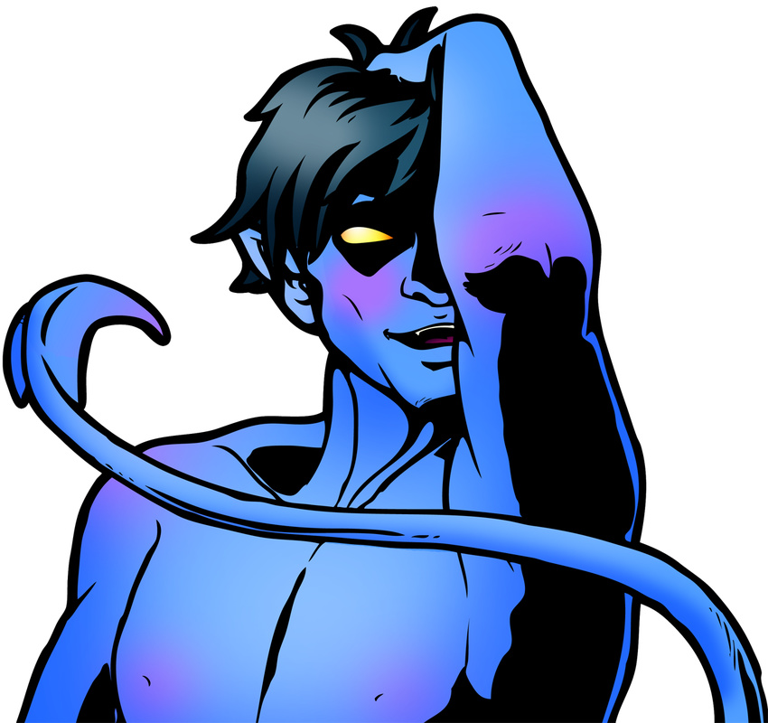 alpha_channel blue_fur blue_hair blue_skin blush clothed clothing comic demon fur fuzzybum fuzzybumjess hair half-dressed hi_res humanoid invalid_tag leoleporidae looking_at_viewer marvel nightcrawler plain_background pointy_ears pose roryrochelle seductive smile solo spade_tail topless transparent_background x-men yellow_eyes young