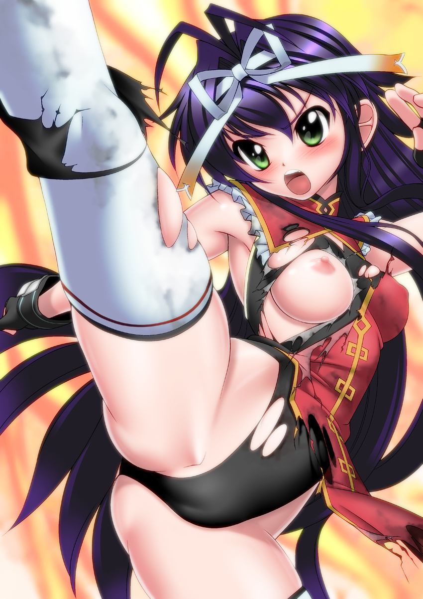 1girl antenna_hair areolae armpits blush breasts character_request erect_nipples female fighting_stance fingerless_gloves gloves green_eyes highres large_breasts leg_up legs leotard long_hair looking_away lyrical_nanoha magical_girl mahou_shoujo_lyrical_nanoha_vivid mound_of_venus nipples open_mouth purple_hair rio_wezley sakura_ryuuken serious simple_background solo source_request standing thighs torn_clothes white_legwear