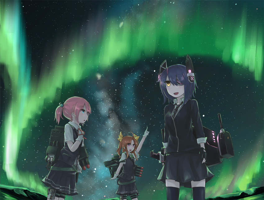 aqua_eyes aurora black_gloves black_hair brown_hair cannon eyepatch fingerless_gloves gloves hair_ribbon headgear highres hinami047 kagerou_(kantai_collection) kantai_collection machinery multiple_girls open_mouth pink_hair pointing pointing_up ponytail ribbon shiranui_(kantai_collection) shirt short_sleeves skirt sky smile star_(sky) stargazing starry_sky tenryuu_(kantai_collection) twintails vest white_gloves yellow_eyes