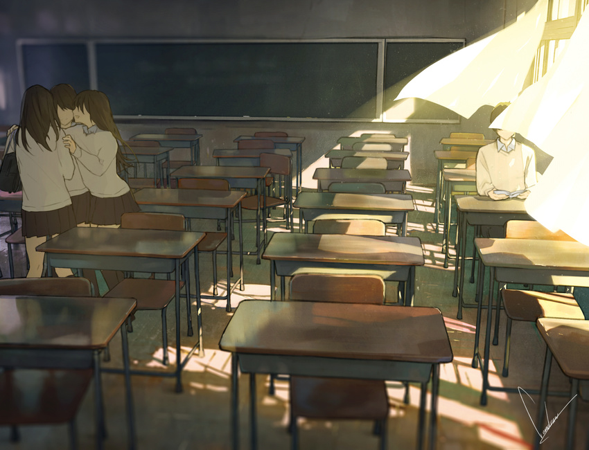 3girls book brown_hair chalkboard classroom curtains dark desk dust_particles highres indoors kimi_no_suizou_wo_tabetai light_particles long_hair loundraw multiple_girls no_eyes open_mouth original reading school_desk school_uniform shadow short_hair signature sitting skirt smile sunlight sweater window