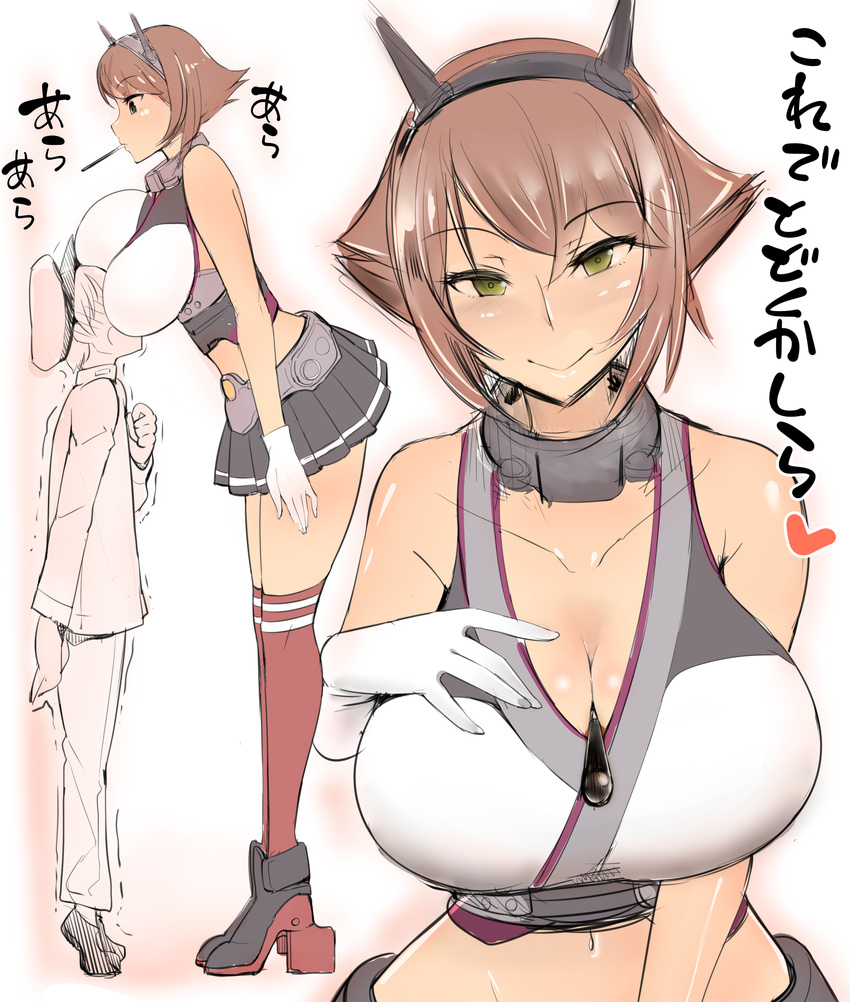 1girl age_difference are_(arearee) bare_shoulders between_breasts blush breast_smother breasts cleavage food head_between_breasts headgear heart height_difference hetero highres kantai_collection large_breasts little_boy_admiral_(kantai_collection) looking_at_viewer mutsu_(kantai_collection) navel partially_translated pocky short_hair smile tall thighhighs translation_request trembling