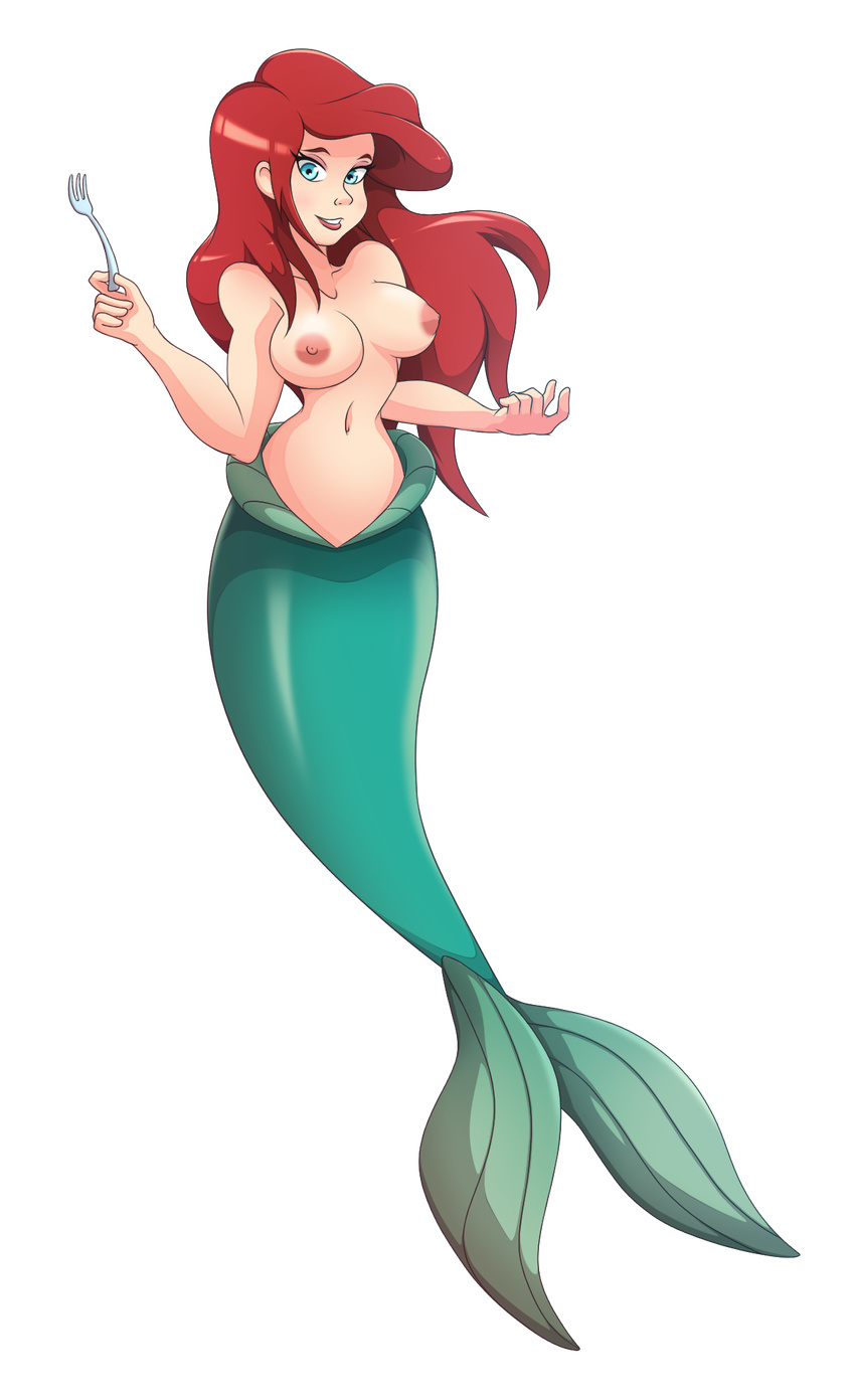 ariel big_breasts blue_eyes blush breasts disney erect_nipples female hair looking_at_viewer maishida marine mermaid navel nipples nude red_hair the_little_mermaid