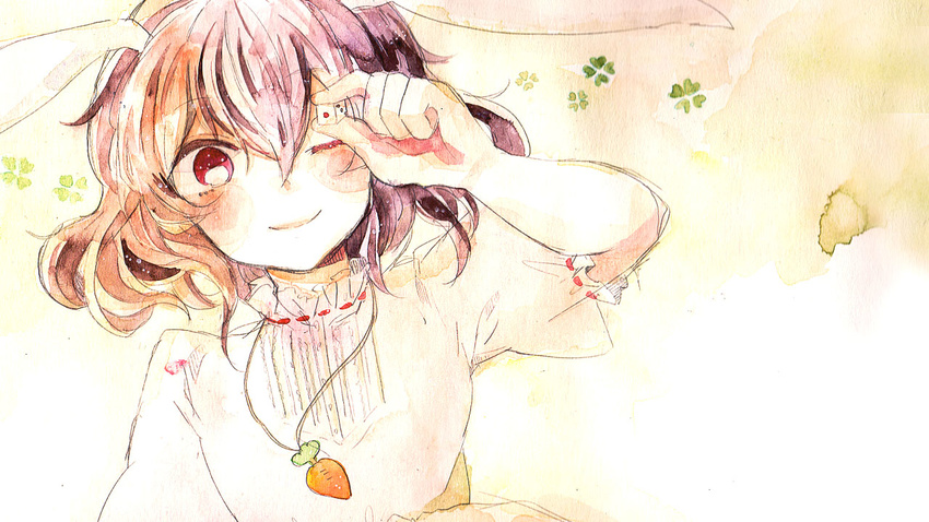 animal_ears brown_hair bunny_ears clover dice four-leaf_clover inaba_tewi jewelry one_eye_closed pendant red_eyes shiratsuyu solo touhou traditional_media watercolor_(medium)