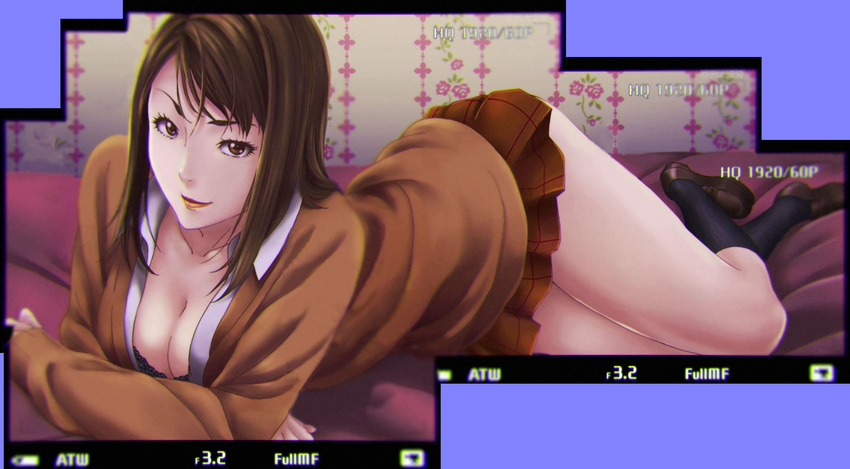 1girl bed black_bra bra breasts brown_hair cleavage female highres kangoku_gakuen legs looking_at_viewer lying prison_school school_uniform screen_capture screencap short_hair skirt socks solo underwear uniform yokoyama_anzu