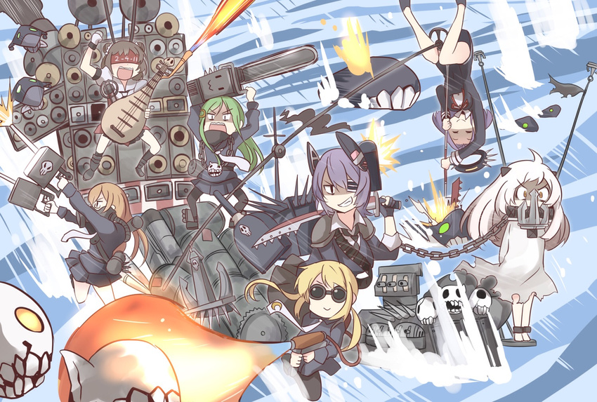 6+girls anchor arms_behind_back bad_id bad_pixiv_id bdsm black_hair black_serafuku blindfold blonde_hair bondage bound bound_wrists brown_hair chain chainsaw commentary cosplay double_bun enemy_aircraft_(kantai_collection) eyepatch flamethrower gas_mask glaive glasses gloves goggles green_hair ground_vehicle guitar gun hair_intakes ido_(teketeke) immortan_joe instrument kantai_collection long_hair mad_max mad_max:_fury_road mechanical_halo military military_vehicle mochizuki_(kantai_collection) motor_vehicle multiple_girls nagatsuki_(kantai_collection) naka_(kantai_collection) northern_ocean_hime open_mouth parody purple_hair ro-class_destroyer satsuki_(kantai_collection) school_uniform serafuku shinkaisei-kan ship short_hair skirt speaker sword tatsuta_(kantai_collection) tenryuu_(kantai_collection) the_doof_warrior the_doof_warrior_(cosplay) turret twintails upside-down warship watercraft weapon white_hair