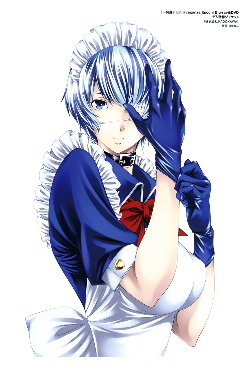 absurdres blue_eyes blue_gloves blue_hair choker eyepatch gloves highres ikkitousen mole mole_under_mouth non-web_source ryomou_shimei shiozaki_yuji short_hair smile solo