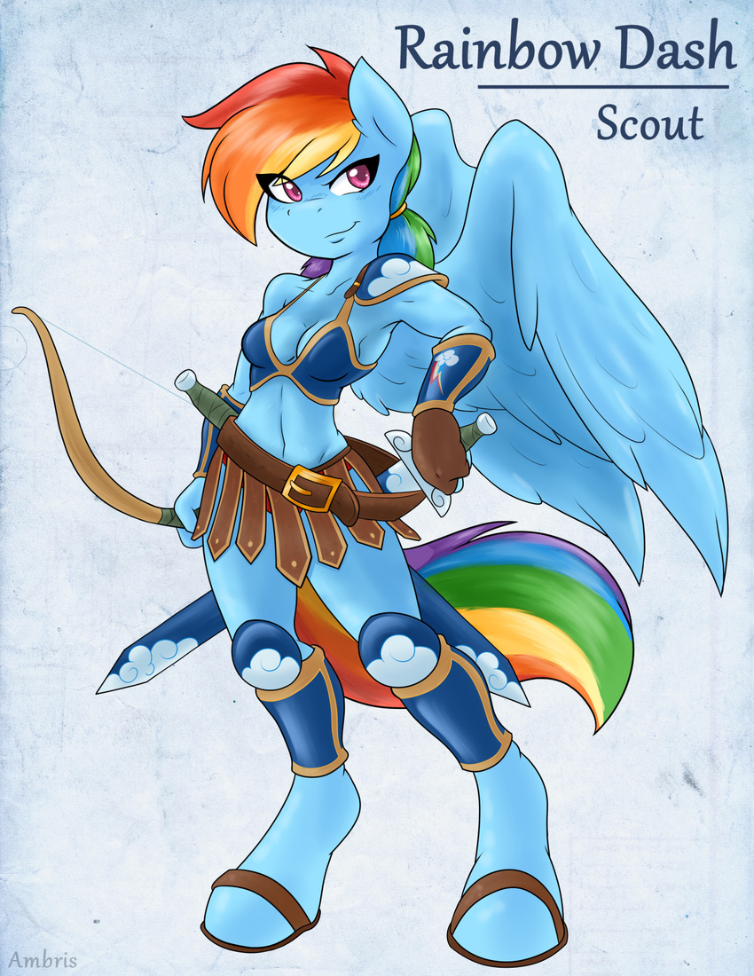 2015 ambris anthro anthrofied blue_fur bow_(weapon) breasts cleavage clothed clothing equine female friendship_is_magic fur hair mammal melee_weapon multicolored_hair my_little_pony navel pegasus pink_eyes rainbow_dash_(mlp) rainbow_hair ranged_weapon smile solo sword weapon wings