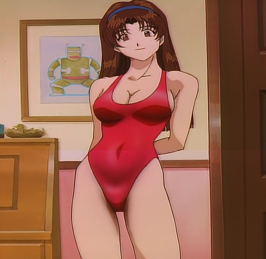 1girl arms_behind_back breasts brown_eyes brown_hair cleavage cowboy_shot female golden_boy hair_ornament hairband highleg indoors katsuda_naoko large_breasts long_hair looking_at_viewer one-piece_swimsuit red_swimsuit screencap smile solo standing stitched swimsuit thigh_gap thighs