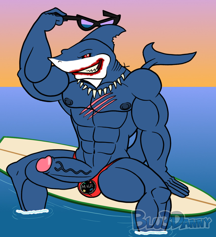 2015 abs biceps big_muscles big_penis bite black_sclera blood blu3danny clothed clothing eyewear fish gills great_white_shark half-dressed male marine maui_&amp;_sons muscles necklace nipples pecs penis poking_out red_eyes scar shark sharkman
