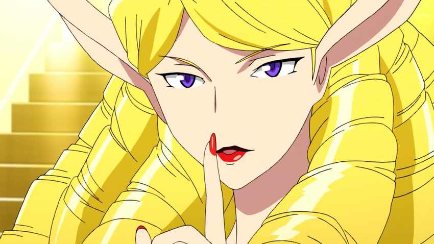 blonde_hair curly_hair female finger_to_mouth hair lipstick long_ears makeup narcissist purple_eyes red_fingernails shhh sofia sofia_(space_dandy) solo space_dandy